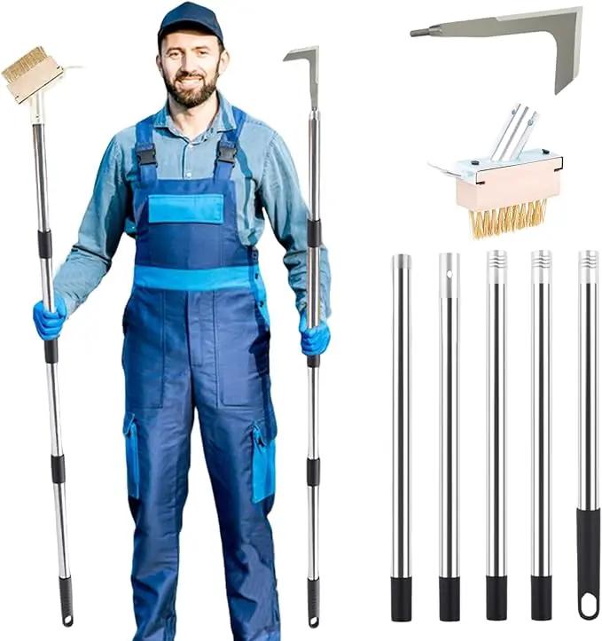 Long Handle Crack Weeder Tool Set with Adjustable 63 inch Handle, 2-in-1 Stainless Steel Crevice Weeding Tool & Brush for Weed and Moss Removal from Patios, Driveways, Sidewalk Cracks by GreenHaven Gardens