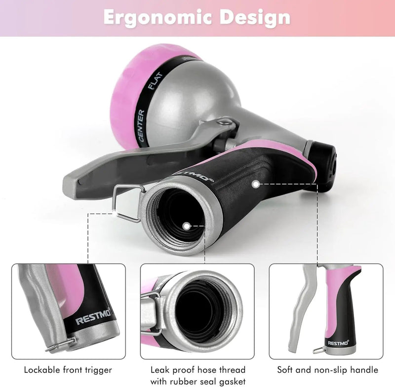 RESTMO Garden Hose Nozzle, Heavy Duty Metal Water Hose Nozzle with 7 Adjustable Spray Patterns, High Pressure Hand Sprayer with Flow Control, Best for Watering Plant & Lawn, Washing Car & Pet, Pink by GreenHaven Gardens