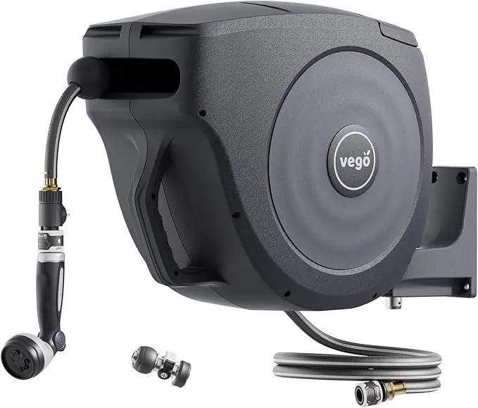 Vego Garden Hose Reel Retractable Hi-Flow x 100ft Wall Mounted Hose Reel Automatic Rewind, Any Length Lock with 9 Patterns Sprayer Nozzle, Quick Connector and Adjustable shot Nozzle-Tidepool Blue by GreenHaven Gardens