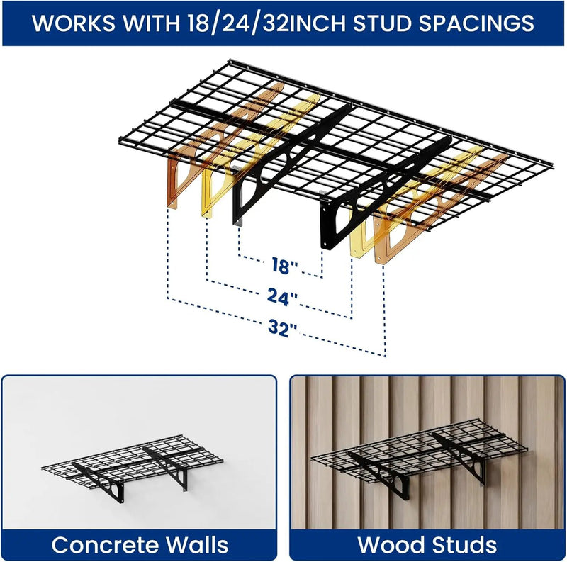 FLEXIMOUNTS 2-Pack 2x4ft Garage Shelving with Hooks, 24-inch-by-48-inch Wall Shelf Garage Storage Racks Floating Shelves, Black by GreenHaven Gardens