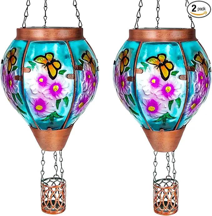 2 Pack Solar Hot Air Balloon Lantern with Flame， Butterfly Glass Outdoor Solar Lanterns for Outside Hanging Farmhouse Patio Pathway Decor, Butterfly Gifts for Women Grandma Mom - Butterfly by GreenHaven Gardens