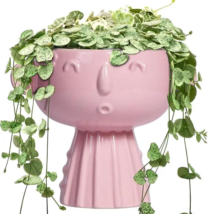 Face Pots for Plants - 7 Inch Ceramic Face Planters Pots Head for Indoor Outdoor, Small Funny Succulent Planters with Drainage Hole, House Room Apartment Decor, Gifts for Women, Bright Pink by GreenHaven Gardens