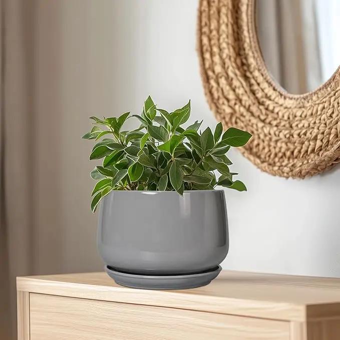 G EPGardening Ceramic Plant Pots - 9 Inch Modern Round Planter with Drainage and Plant Saucer for Indoor Outdoor Flower, Apartment Decor, Birthday Gifts, Grey by GreenHaven Gardens
