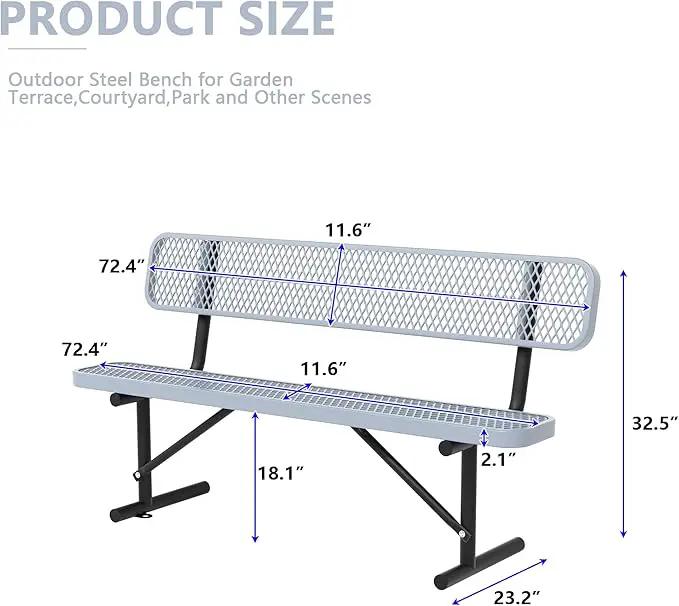 Heavy Duty Park Bench with Back Portable Frame, Outdoor Steel Bench with Backrest, Outdoor Park Bench Expanded Metal Mesh Bench for Lawn, Park, Deck, Garden, Patio, Porch, Black (Gray, 8FT) by GreenHaven Gardens