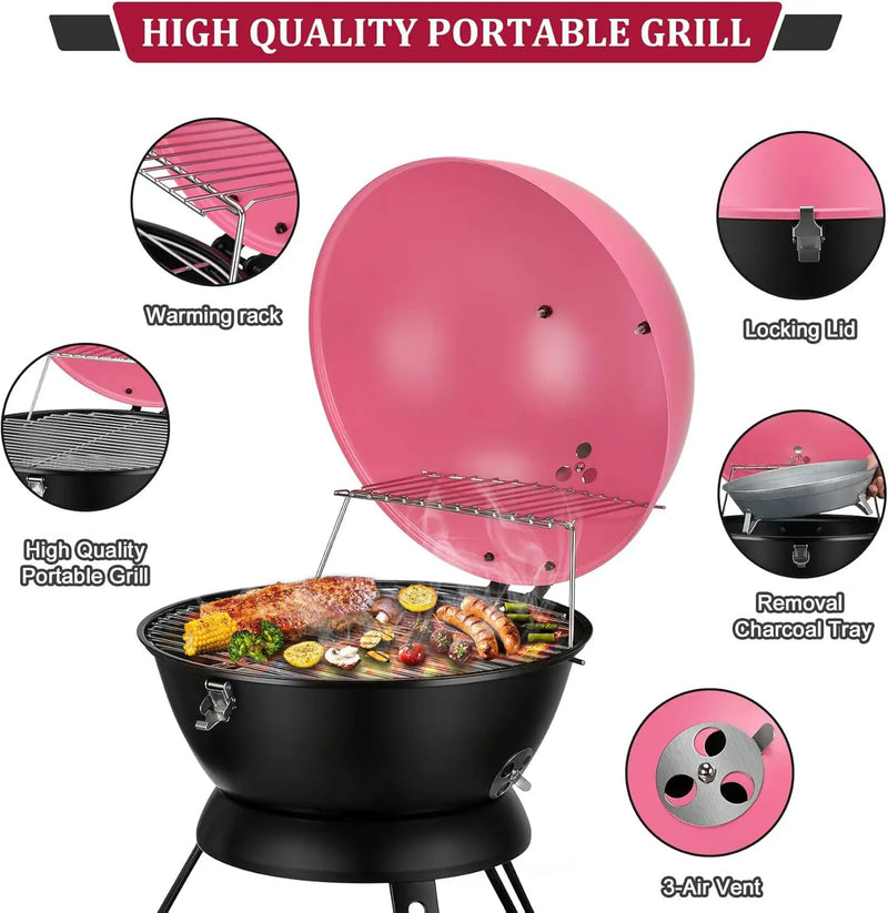 14inch Portable Charcoal Grill with Warming Rack, Small bbq Charcoal Grill Tabletop Foldable Grills for Backyard, Camping, Pink by GreenHaven Gardens