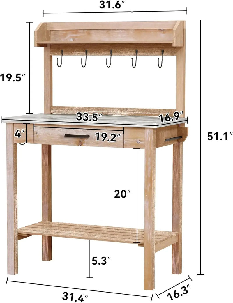 Outdoor Potting Bench Table with Metal Tabletop, Planting Table Potting Work Station with Storage Drawer and Removable Shelf Rack, Garden Potting Table for Outdoors by GreenHaven Gardens
