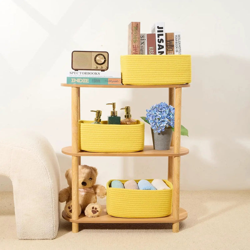 Small Storage Baskets for Organizing | Closet Organizer Bins | Shelf Toy Basket | Woven Rope Baskets | Cube Decorative Box | Shallow Basket | 13x8.5x5.1” | 3 Packs Yellow by GreenHaven Gardens