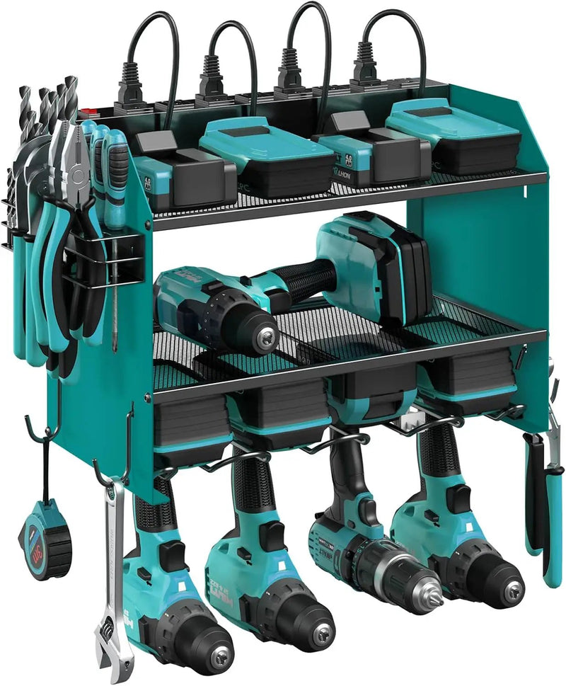 CCCEI Modular Power Tool Organizer Wall Mount with Charging Station. Garage 4 Drill Storage Shelf with Hooks, Drill Bit Heavy Duty Rack, Navy Blue Tool Battery Holder Built in 8 Outlet Power Strip. by GreenHaven Gardens