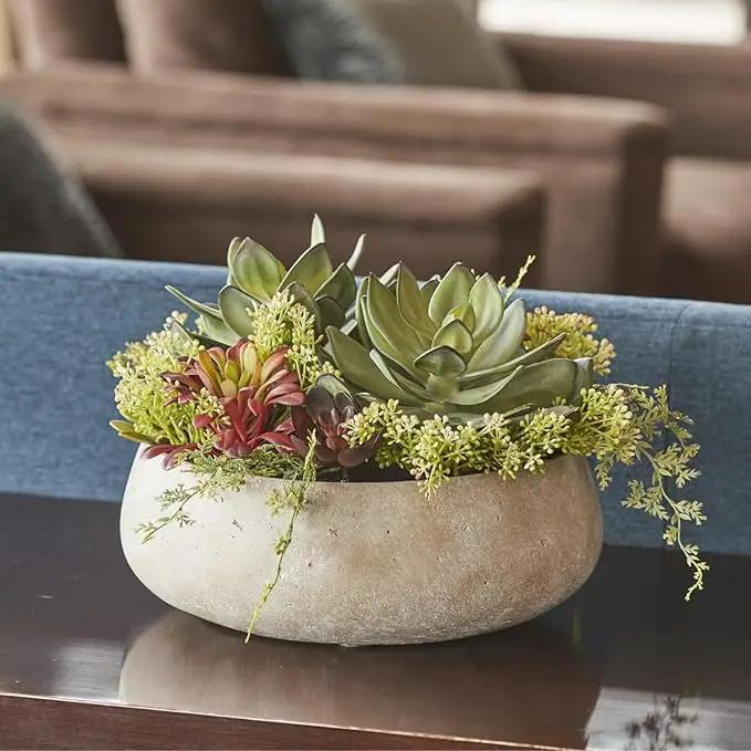 Round Faux Succulent Arrangement, 14" Premium Artificial Indoor Plant Enhances Interior Design, Display on Any Surface in Your Home Adding an Inviting Touch of Nature, Natural Planter Pot Included by GreenHaven Gardens