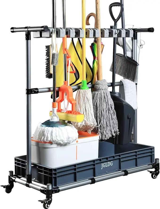 Mop and Broom Holder with Wheels - Keep Your Cleaning Tools Organized! (L) by GreenHaven Gardens