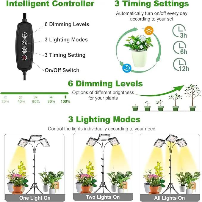 LBW Grow Light with Stand, Tri-Head LED Plant Light for Indoor Plants, Full Spectrum 150 LEDs, 3/6/12H Timer, 6 Dimmable Levels, 3 Switch Modes, Adjustable Tripod Stand 15-63 inches by GreenHaven Gardens