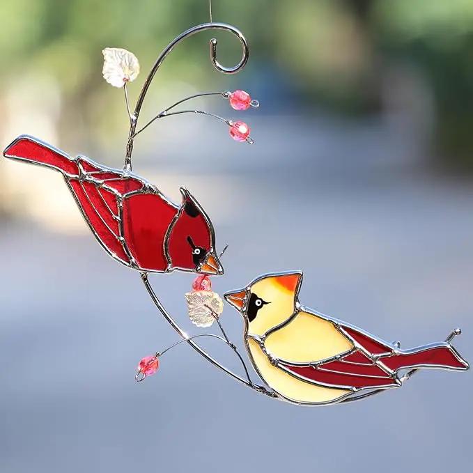 Cardinal Stained Glass Suncatchers for Windows Hanging Decorative,Couple Red Love Birds Sun Catchers for Christmas Ornaments,Real Stained Glass Cardinal Memorial Gifts for Women/Mom by GreenHaven Gardens