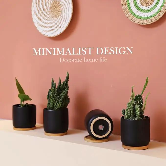 OMAYKEY 4 Inch Ceramic Plant Pot with Saucer, Black Planters Pots with Drainage Hole and Mesh Pads for Succulent, Snake, Cactus, Herbs - 4 Packs(Plant Not Included) by GreenHaven Gardens
