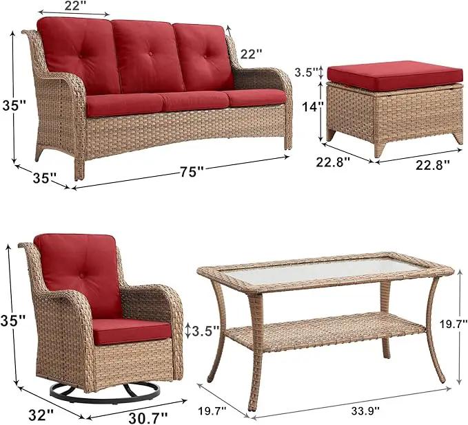 Outdoor Wicker Patio Furniture Set - 6 Piece Rattan Patio Conversation Set with 2 Rocking Swivel Chairs,2 Ottomans,1 Sofa and 1 Coffee Table for Porch Deck Backyard Garden(Yellow/Red) by GreenHaven Gardens