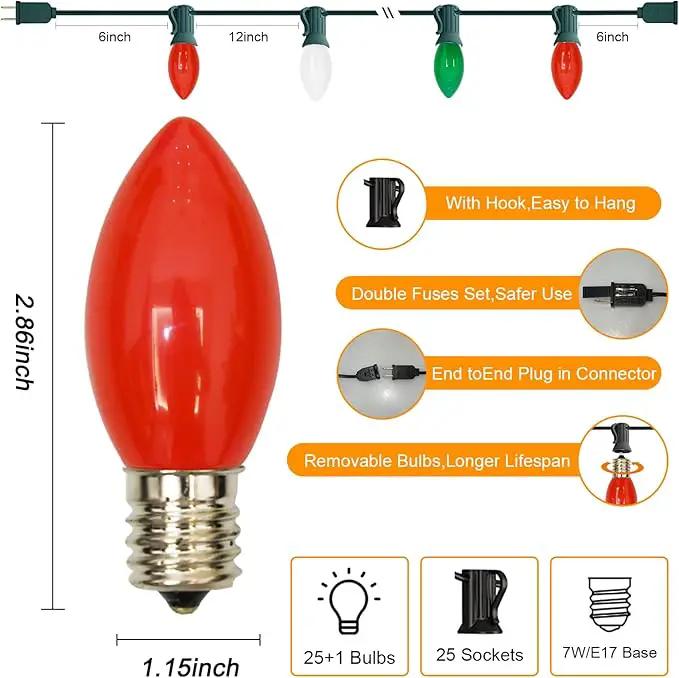 25Ft Red, White, and Green C9 Outdoor Christmas Lights with 26 Incandescent Bulbs (1 Spare), Extendable C9 Christmas String Lights for Tree, Roofline by GreenHaven Gardens