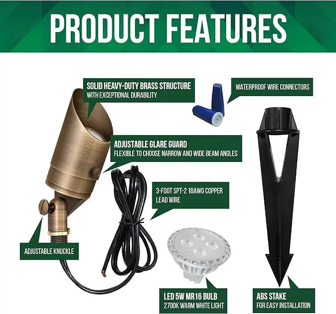 GKOLED Solid Brass Spotlight Low Voltage Landscape Lighting, LED Outdoor Lights for Garden Patio Yard, Directional Up Light with 5W MR16 Bulb, 12V 2700K Warm White by GreenHaven Gardens