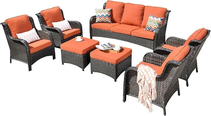 ovios 7 Pieces Patio Furniture Set, Outdoor Wicker Sofas with 4 Chairs, Ottomans and Comfy Cushions, All Weather High Back Couch Set for Deck Porch, Brown Rattan, Orange Red by GreenHaven Gardens