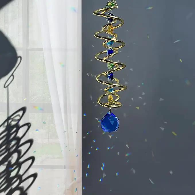 FONMY Gazing Ball Spiral Tail -Decorative Wind Spinner Sun Catcher Rainbow Maker Golden Double-Spiral W/Sea Blue Crystal Ball and Chain Crystals Beads for Indoor Outdoor Garden Decoration -14 inch H by GreenHaven Gardens