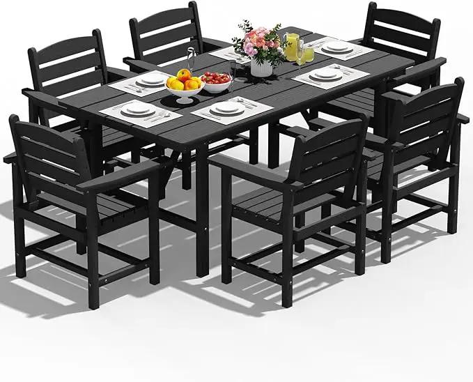 Patio Dining Set for 6 with Umbrella Hole - 66" Outdoor Table & 6 Chairs, All-Weather HDPE Outdoor Furniture for Lawn, Garden, Backyard, Poolside, Black