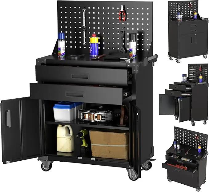 Tool Chest, Tool Cart with 2 Drawer and Lockable Doors, Garage Storage Cabinet with Wheels, Pegboard and 4 Hooks for Garage, Workshop, Metal Tool Storage Cart by GreenHaven Gardens