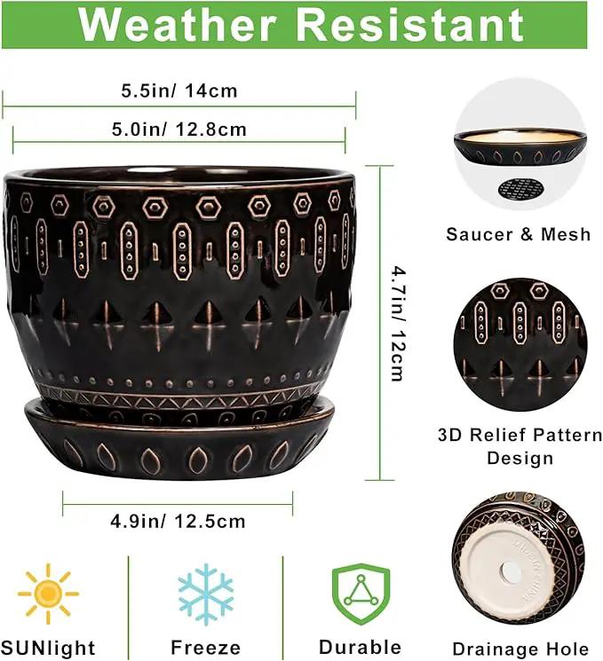 G EPGardening Ceramic Pot for Plants 5.5 Inch - Ceramic Plant Pot Indoor with Drainage Hole and Saucer, Round Boho Planter for Indoor Plants Outdoor, Housewarming Gifts, Garden Office Decor, Black by GreenHaven Gardens