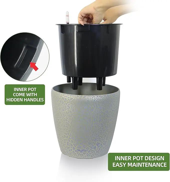 Dexceder 9x8 Inches Self Watering Planter Indoor Outdoor, Inner Pot Design, Thickened Table Flower Plant Pot with Water Level Indicator (Grey Gold Crackle) by GreenHaven Gardens