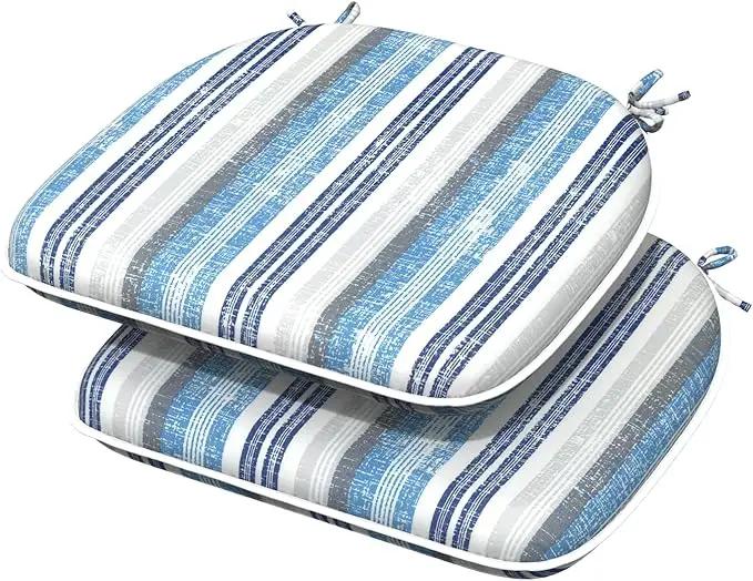 Indoor/Outdoor Chair Cushions 16x17 Inch, Patio Chair Cushions with Ties, All Weather Seat Cushions for Patio Furniture Home Garden Chair Use, Set of 2, Stripe Layered Blue by GreenHaven Gardens