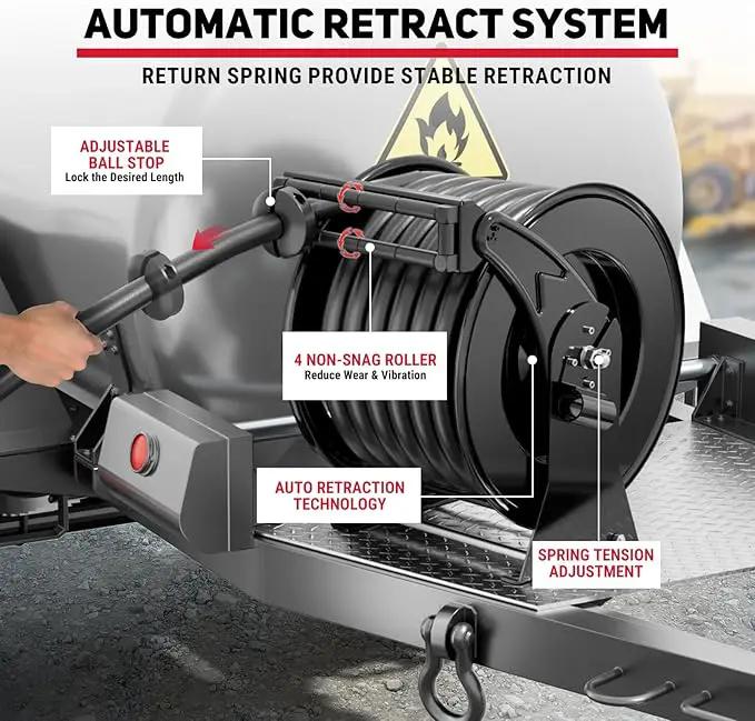 Retractable Fuel Hose Reel 1" x 50' with Fueling Nozzle, 300 PSI Heavy Duty Steel Construction Industrial Auto Swivel Spring Driven Diesel Hose Reel for Aircraft Ship Vehicle Tank Truck, Black by GreenHaven Gardens