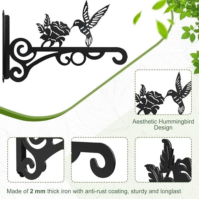 4-Pack 10 Inch Aesthetic Plant Hanger Indoor and Outdoor – Metal Hanging Plant Bracket with Hummingbird Pattern – Heavy Duty Plant Hooks for Hanging Flower Baskets, Bird Feeder, Wind Chime, Lantern by GreenHaven Gardens