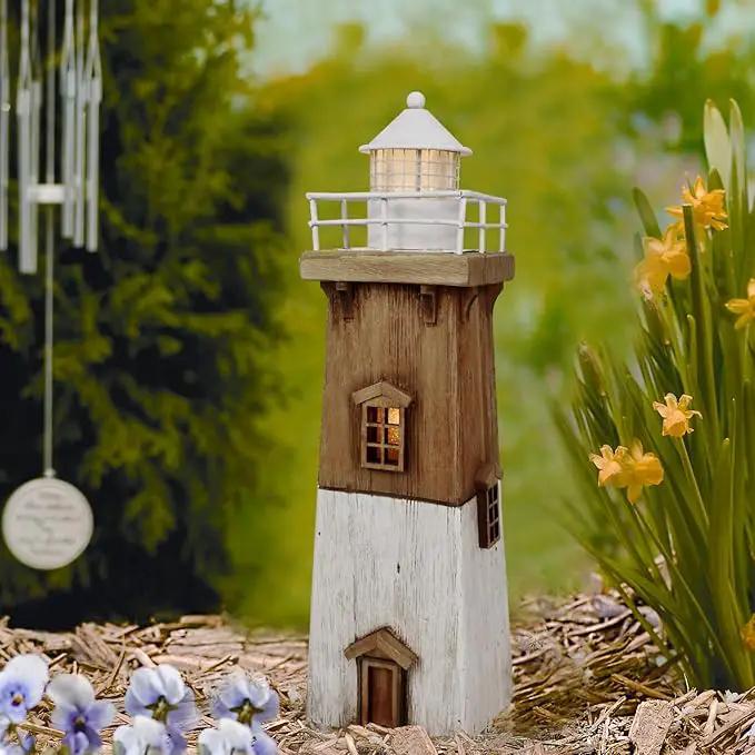 Wooden Lighthouse Decor with Light, Decorative Nautical Lighthouse Rustic Ocean Sea Beach Themed Lighthouse Decoration, Handcrafted Tabletop Nautical Themed Home Decor Bathroom Decor (13.78“H) by GreenHaven Gardens