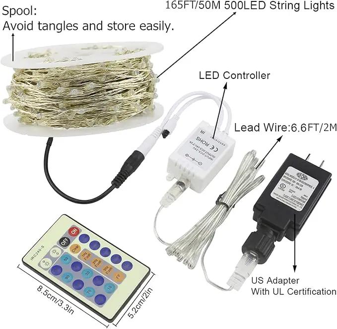 RUICHEN Blue Dimmable Fairy Lights Plug in, Super Long 165 Ft 500 LED Twinkle String Lights with Remote, Waterproof Silver Wire Firefly Lights for Christmas Wedding Party Bedroom Patio Garden by GreenHaven Gardens