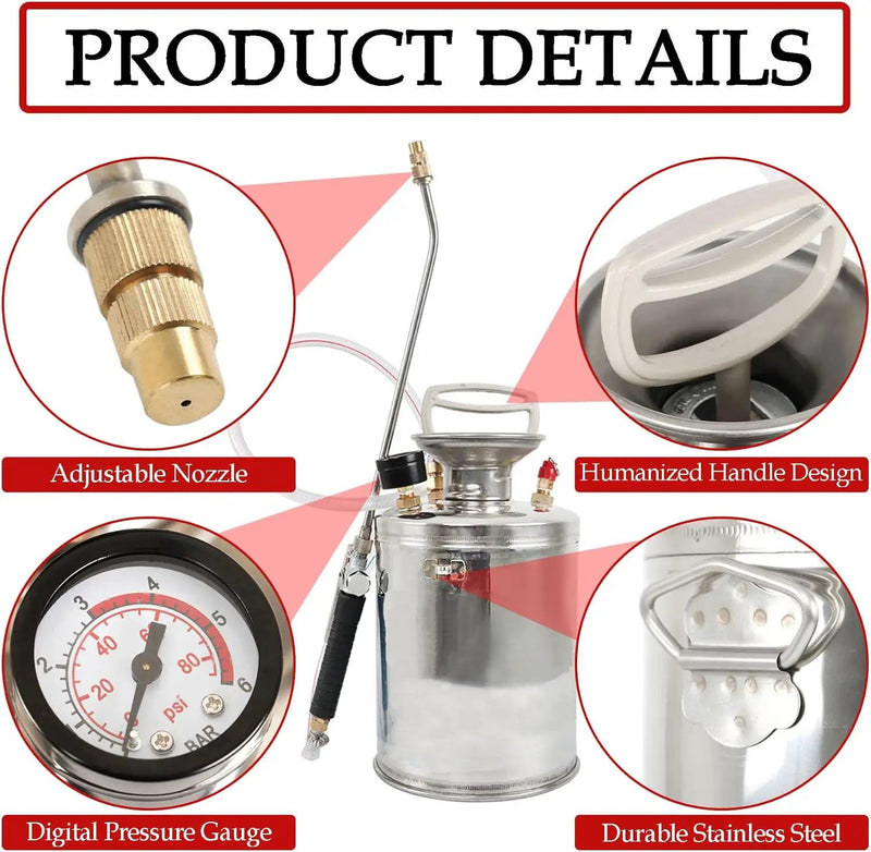 Hand Pump Sprayer Stainless Steel Sprayer for Indoor and Outdoor 1.5 Gallon Sprayer 16 in Wand 3.3 FT Hose by GreenHaven Gardens