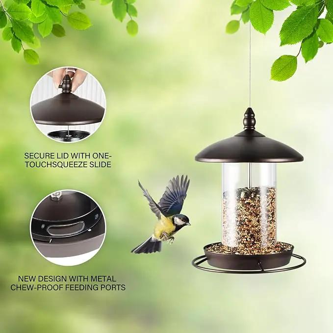 Metal Bird Feeder for Outside Hanging,Wild Bird Feeders for Cardinal, Large Roof and Tray - 6 Port by GreenHaven Gardens