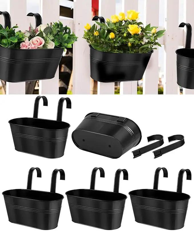 vensovo Metal Railing Planter for Outdoor Plants - 5 Pack Balcony Hanging Flower Pots with Detachable Hooks and Drain Holes Oval Bucket Rail Box Fence Planters for Home Garden Decor, Black by GreenHaven Gardens