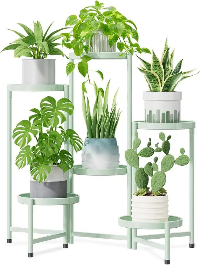 iDavosic.ly 6 Tier Large Plant Stand Indoor, 10 Inch Wide Tall Corner Metal Plant Stands Outdoor for Multiple Plants, Folding Tiered Flower Display Holder Rack Shelf, Light Green by GreenHaven Gardens