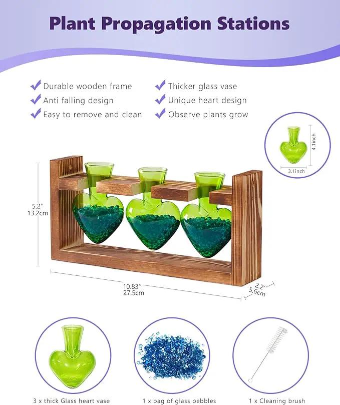 Nacome Plant Terrarium for Office Decor: Birthday Gifts for Plant Lovers Women Mom Wife - Wooden Stand Tabletop Planter 3 Bulb Glass Vase Heart Shaped for Hydroponics Indoor Home(Green) by GreenHaven Gardens