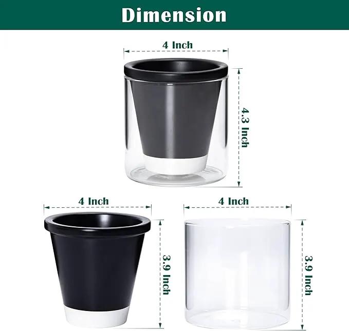 D'vine Dev 4 Inch Design Self Watering Planter for Indoor Plants, Black Terracotta Pot with Cylinder Glass Cup, Set of 2, 37-Y-A-3 by GreenHaven Gardens