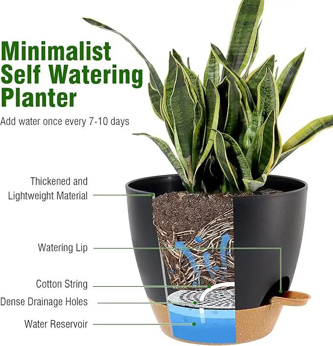 Large Self Watering Pots, 12/10/9 Plastic Planters with High Drainage Holes and Deep Reservoir for Indoor Outdoor Garden Plants and Flowers, Black with Brown by GreenHaven Gardens