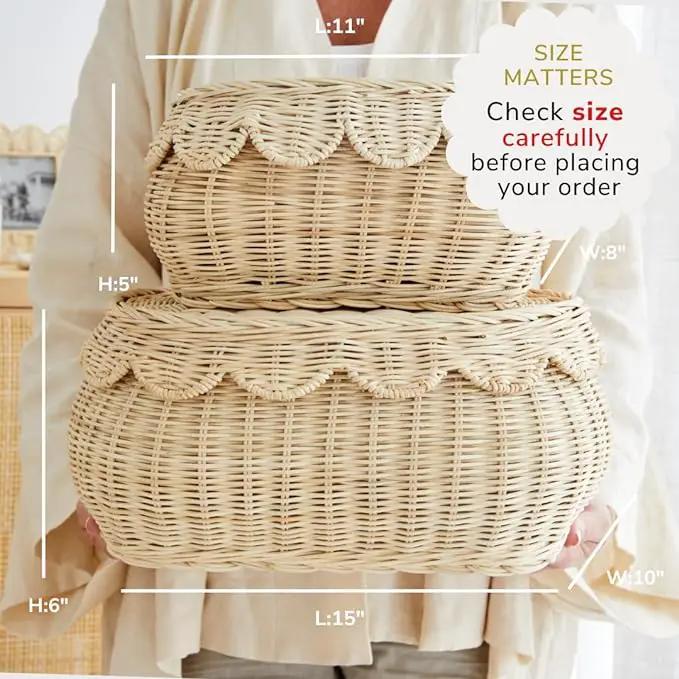 BEBE BASK The Original Scalloped Basket Set Of 2 – Small Scallop Basket - 15 x 10 x 6 In - Hand-Woven & Award-Winning - Elegant Wicker With Scalloped Edge Lid - Nursery Storage - (Natural) by GreenHaven Gardens