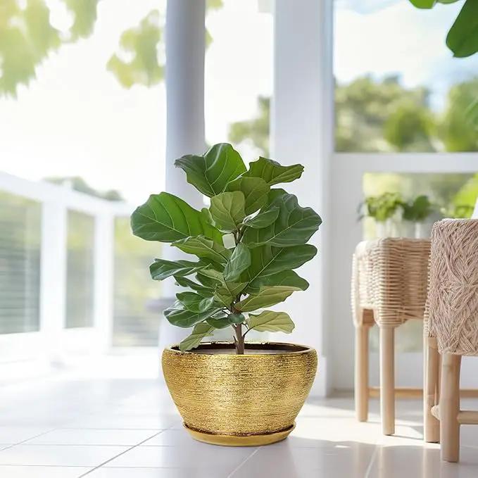 Ceramic Planter 13 Inch - Indoor Plant Pot with Drainage Hole and Saucer Large Ceramic Pot for Plants Mid-Century Decorative Modern Outdoor Flower Pot for Home Decor Gold by GreenHaven Gardens