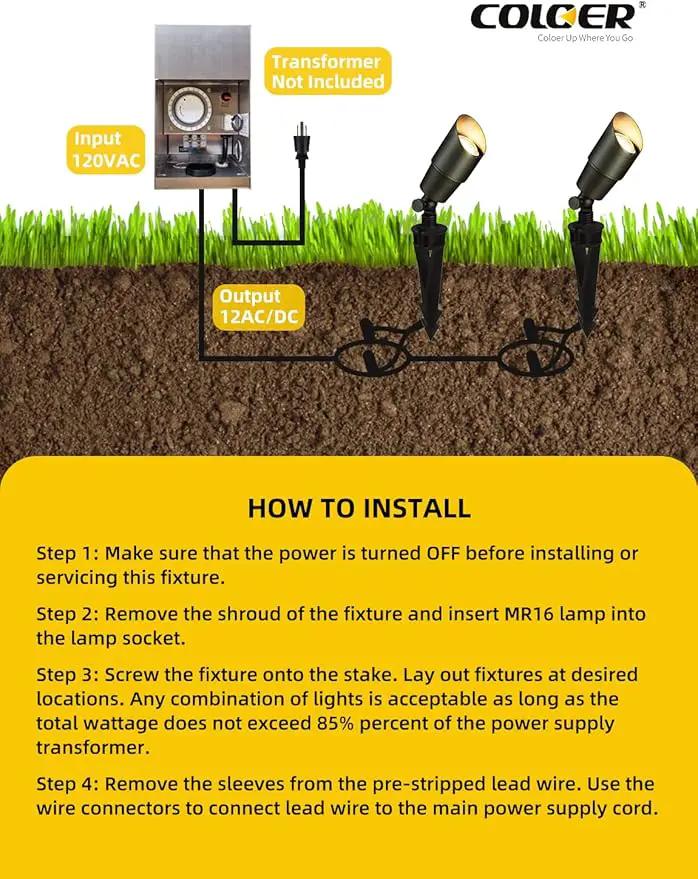 COLOER Die-cast Brass Low Voltage Spotlight 1-Pack with 5W Aluminum Housing MR16 LED Bulb 2700K 450LM CRI85+,12V AC/DC Outdoor Landscape Lighting, Directional Garden Patio Spot Up Light(101B) by GreenHaven Gardens