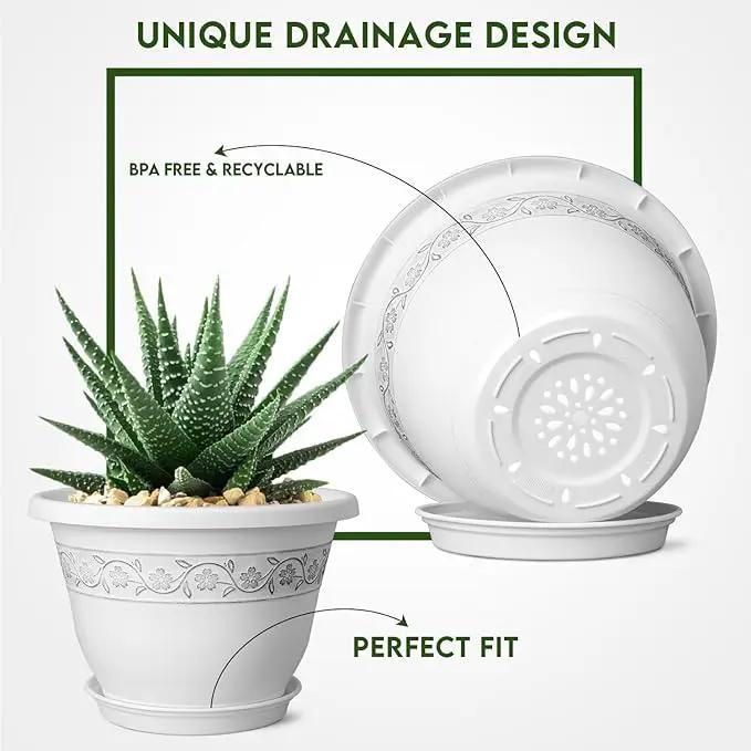 10 Inch Plant Pots with Drainage Hole - Lightweight Flower Pots for Herbs and Flowers - Home Decor Plastic Planters for Indoor Outdoor Plants- Pack of 4 (White, 10 inch) by GreenHaven Gardens