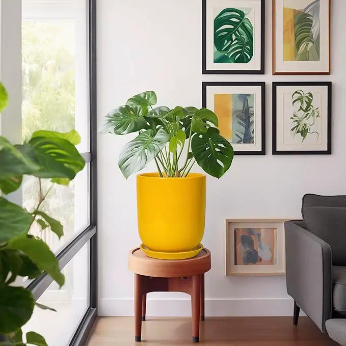 Ceramic Pot for Plants - 10 Inch Plant Pot Indoor with Drainage Hole and Saucer Large Planter for Outdoor Plants Cylinder Decorative Flower Pot Yellow by GreenHaven Gardens
