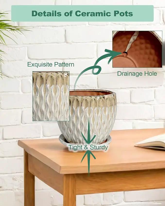 vensovo 7.5 Inch Ceramic Plant Pot with Drainage Holes and Saucer - Large Round Orchid Pot for Indoor Repotting, Ceramic Planter Maintain Air Circulation, Yellow by GreenHaven Gardens