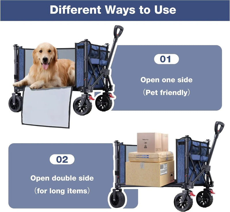 Collapsible Wagon Cart Foldable with Big Wheels Brakes, 250lbs Folding Utility Lightweight Garden Wagon, Portable Grocery Cart for Camping Shopping Sports Pets, Blue by GreenHaven Gardens