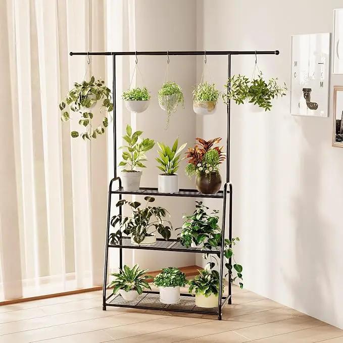 3-Tier Heavy-Duty Metal Plant Stand for Indoor and Outdoor Use, Hanging Plant Shelf for Multiple Flower Planter Holder, Tall Large Rack Ideal for Living Room, Garden, Balcony, Black by GreenHaven Gardens