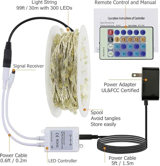 RUICHEN Cool White Dimmable Fairy Lights Plug in, 99 Ft 300 LED Twinkle String Lights with Remote, Waterproof Silver Wire Firefly Lights for Bedroom, Patio, Yard, Christmas, Wedding, Party by GreenHaven Gardens