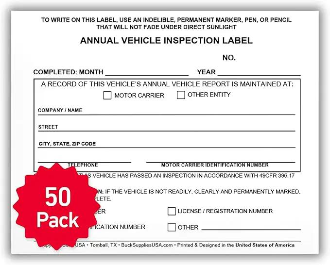 50 Pack Buck Annual Vehicle Inspection Label, 2-Ply Adhesive Vinyl with Mylar Laminate, FMCSA & DOT Compliant, Weatherproof, Tear Resistant, Easy to Write On, 5" x 4" - Made in USA by GreenHaven Gardens