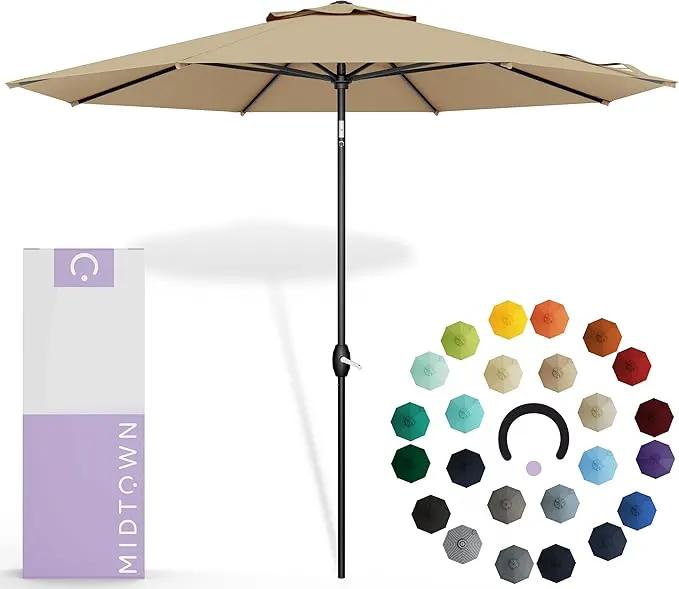 Midtown Umbrellas Sunbrella Umbrella 8 Feet Outdoor Umbrella With Sunbrella Heather Tan Acrylic Fabric - Auto-Tilt Aluminum Frame Patio Umbrella For Backyard, Deck, Garden, Pool - Black Pole by GreenHaven Gardens