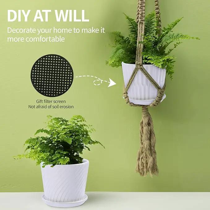 Plant Pots - 5.5 Inch Cylinder Ceramic Planters with Connected Saucer, Pots for Succuelnt and Little Snake Plants, Set of 4, White by GreenHaven Gardens